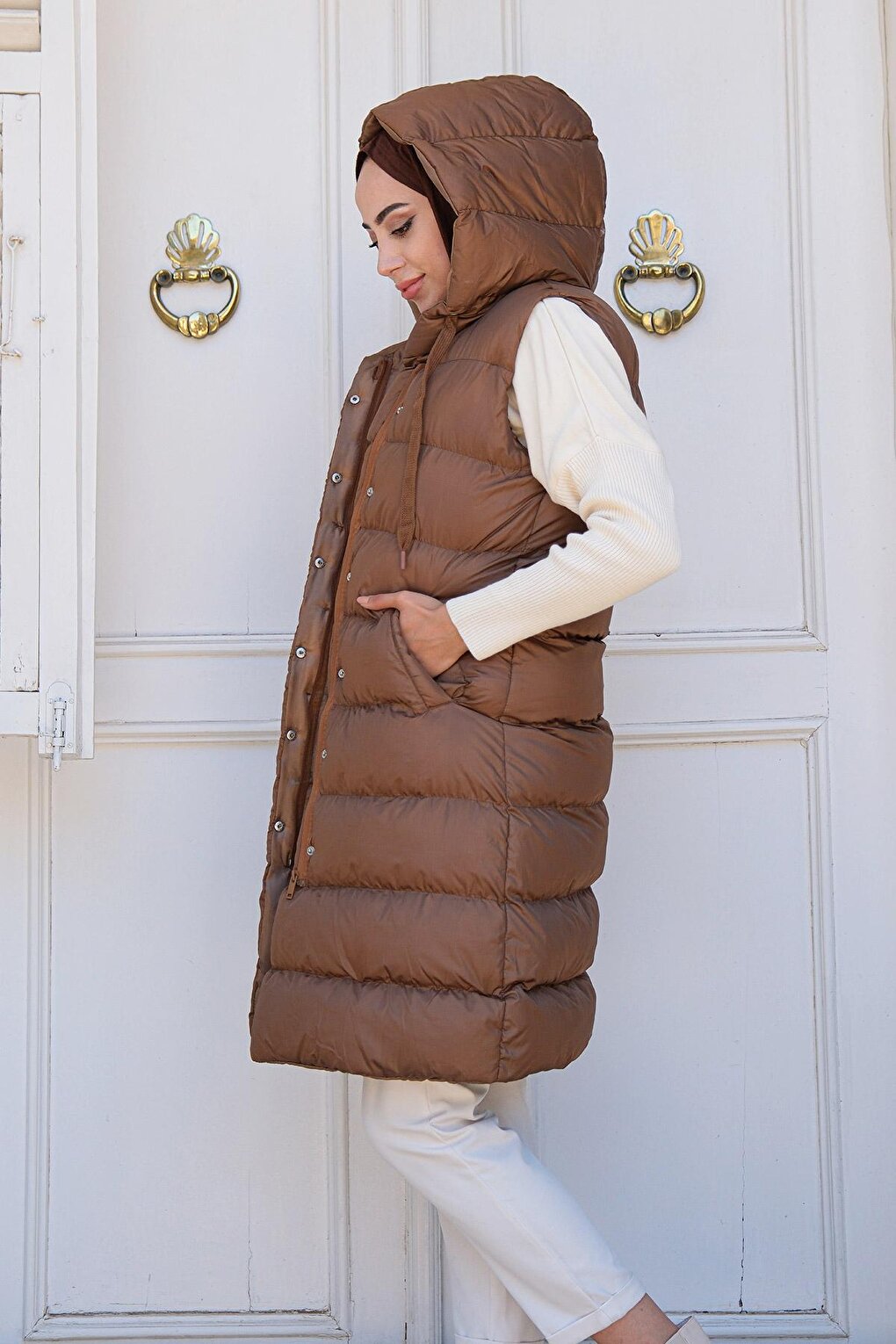 Women's Hooded Long Puffer Vest Brown