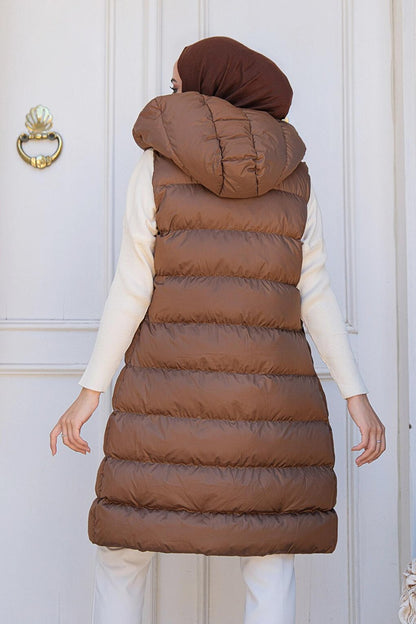 Women's Hooded Long Puffer Vest Brown