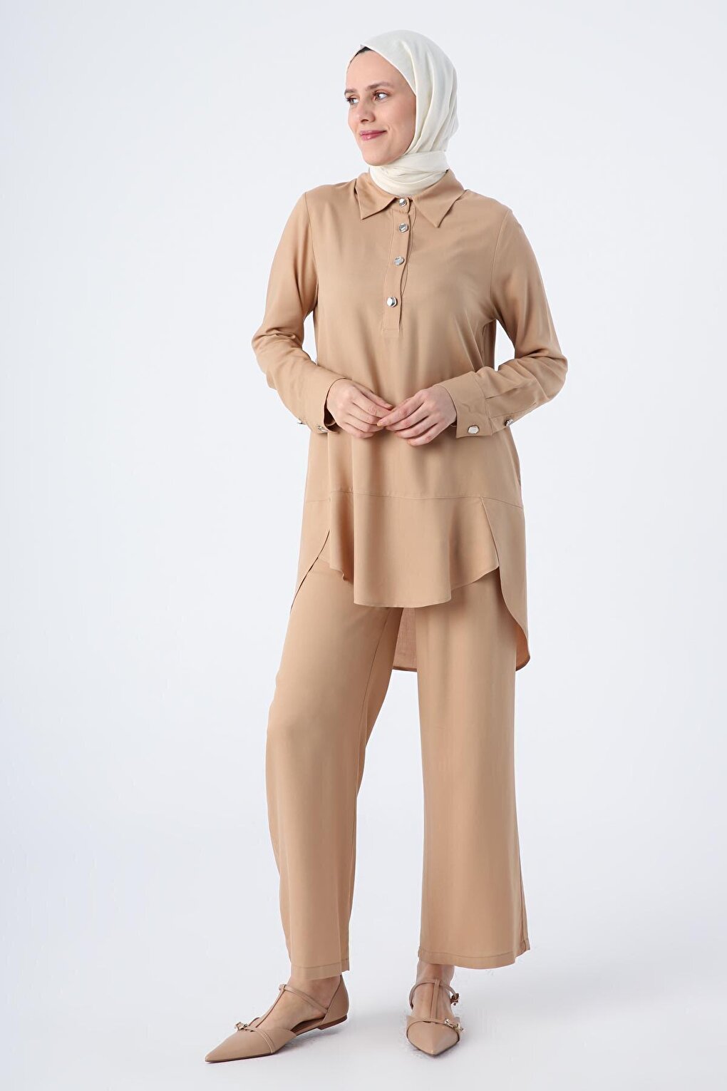 Dark Beige Shirt Collar Half Placket Slit Long Back Tunic