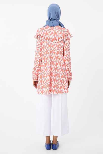 Salmon-White Printed Patterned Tunic with Frilled Robe