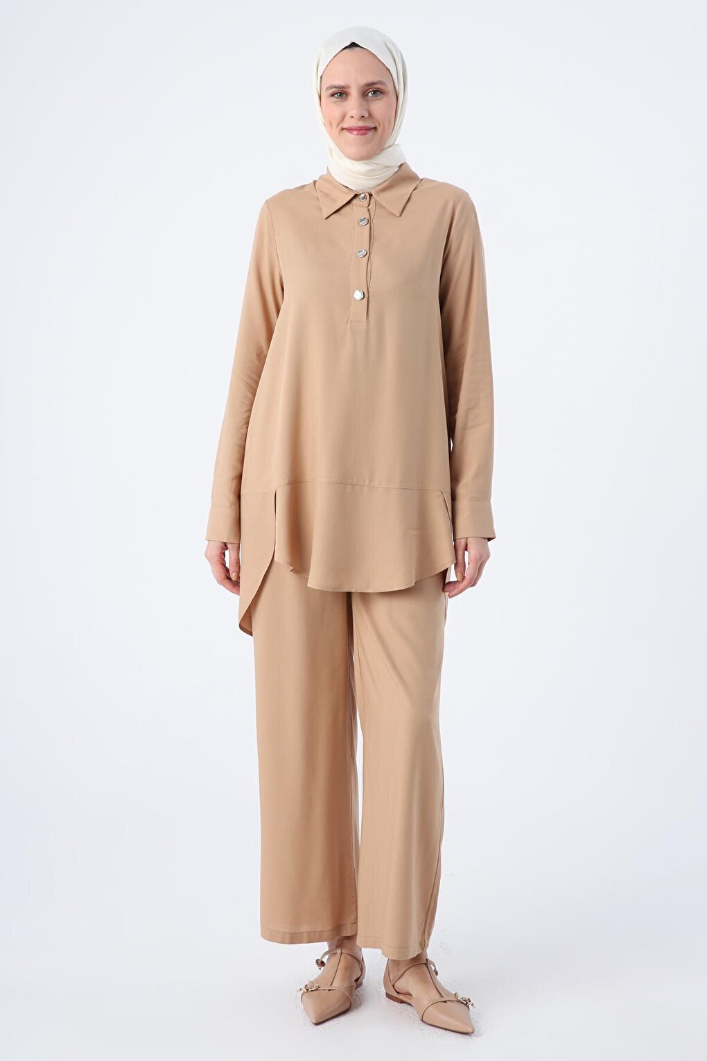 Dark Beige Shirt Collar Half Placket Slit Long Back Tunic