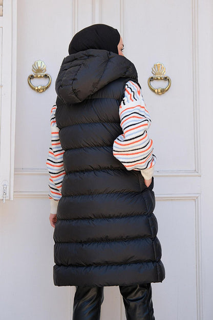 Women's Hooded Long Puffer Vest Black