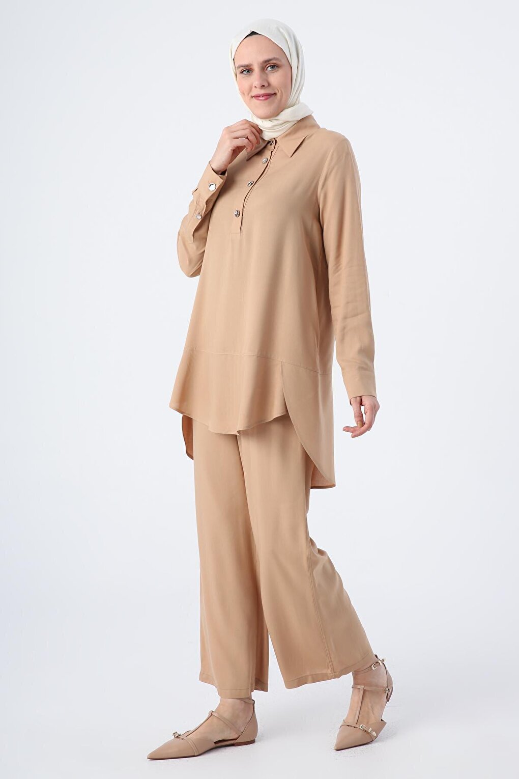 Dark Beige Shirt Collar Half Placket Slit Long Back Tunic