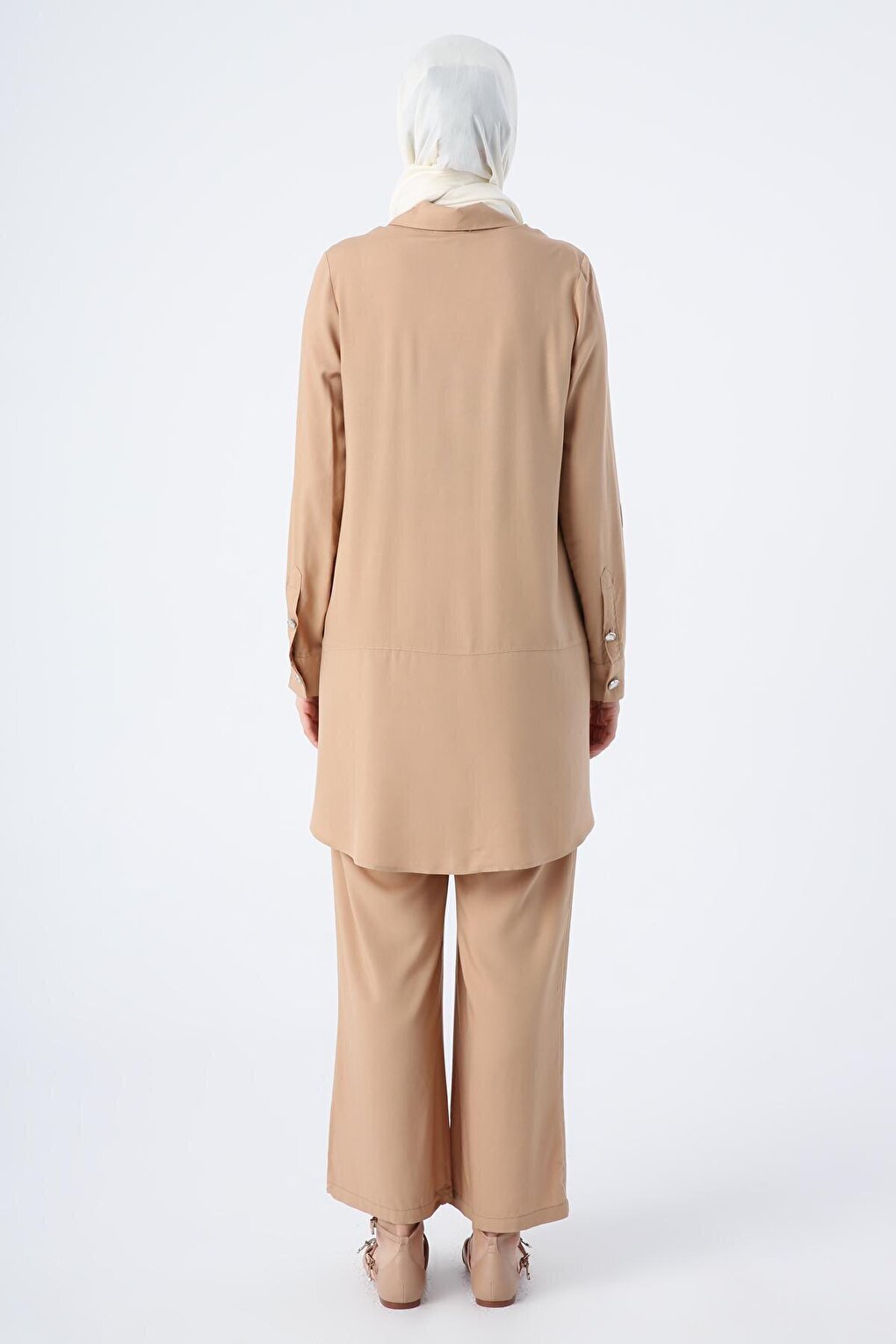 Dark Beige Shirt Collar Half Placket Slit Long Back Tunic