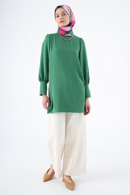 Green Button Detailed Back Slit Crew Neck Wide Cuff Tunic