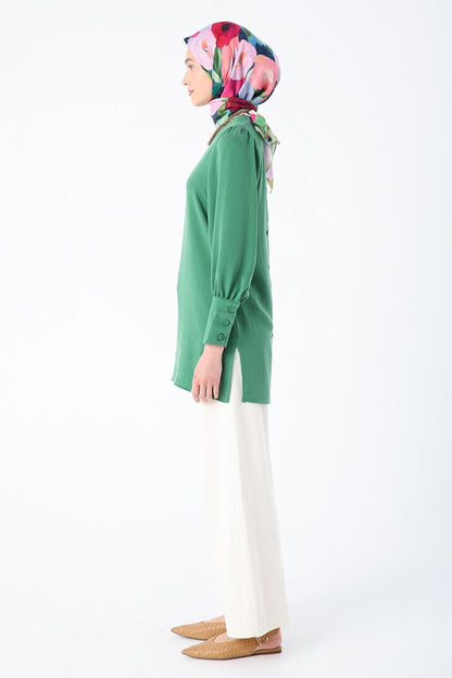 Green Button Detailed Back Slit Crew Neck Wide Cuff Tunic