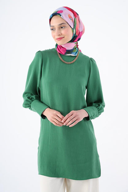 Green Button Detailed Back Slit Crew Neck Wide Cuff Tunic