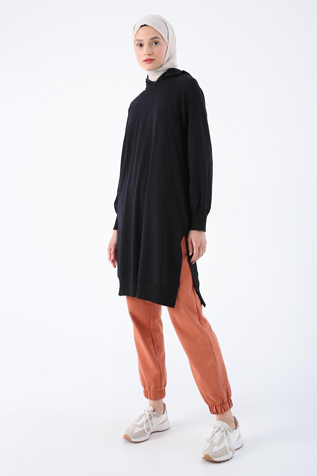 Black Cotton Hooded Raglan Sleeve Slit Single Jersey Tunic