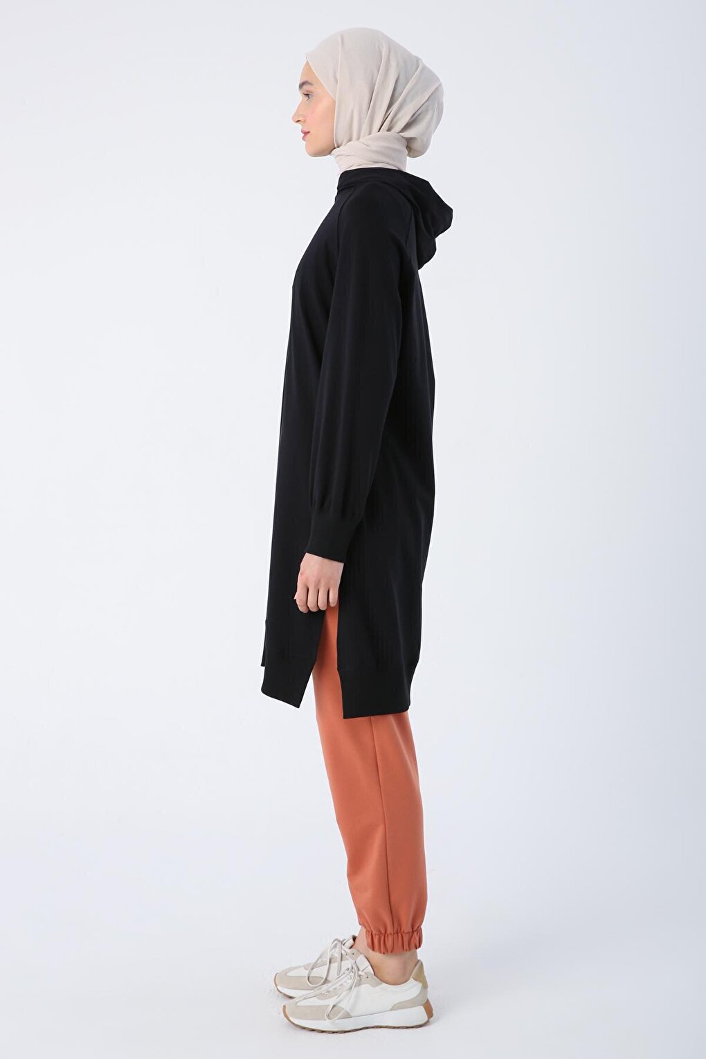 Black Cotton Hooded Raglan Sleeve Slit Single Jersey Tunic