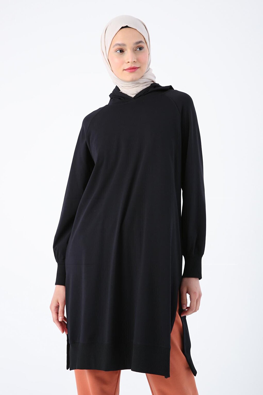 Black Cotton Hooded Raglan Sleeve Slit Single Jersey Tunic