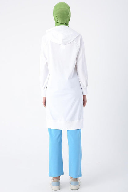 White Cotton Hooded Raglan Sleeve Slit Single Jersey Tunic