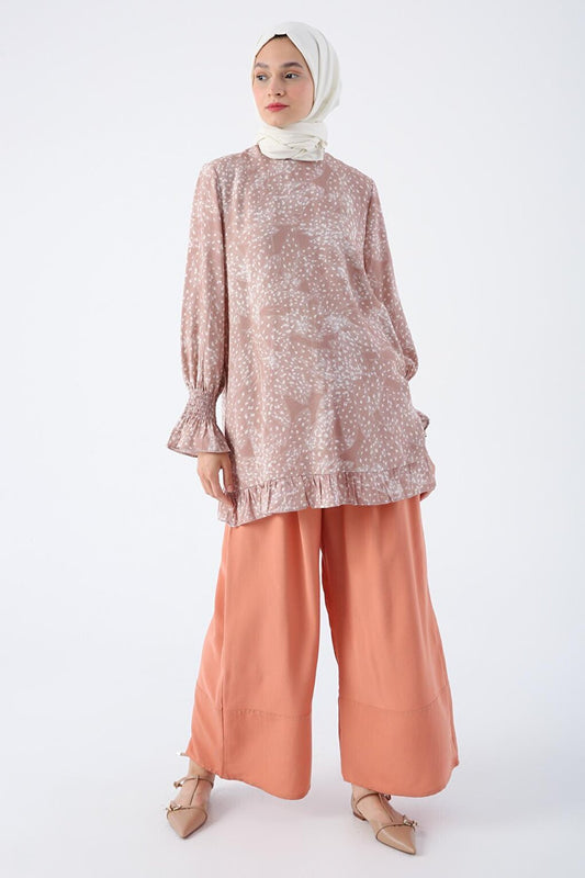 Mink-Ecru Viscose Skirt and Frilly Patterned Tunic at Sleeve End