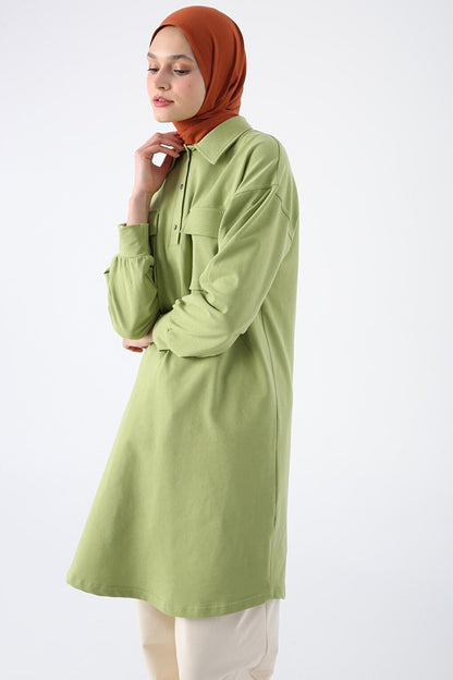 Light Green Cotton Flap Pocket Half Patchwork Tunic with Glitter Stitching Detail