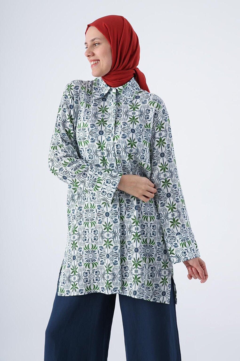 White-Indigo Patterned Viscose Linen Shirt Tunic with Hidden Placket Slit