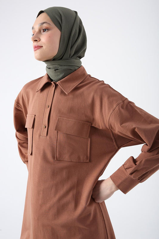 Brown Cotton Flap Pocket Half Patchwork Tunic with Glitter Stitching Detail