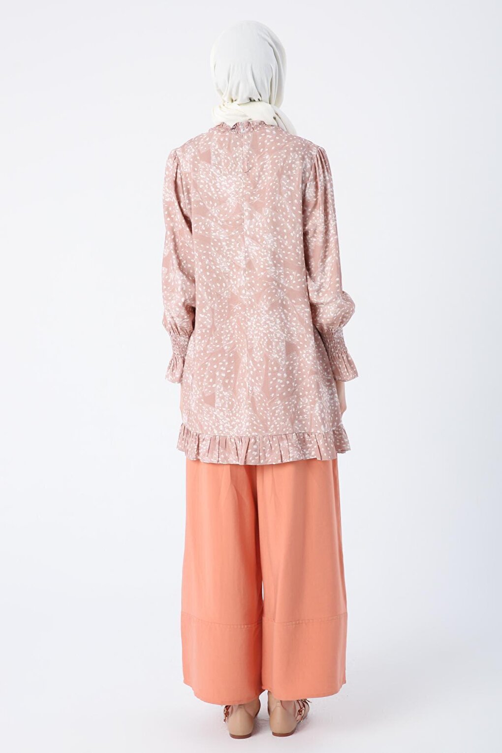 Mink-Ecru Viscose Skirt and Frilly Patterned Tunic at Sleeve End