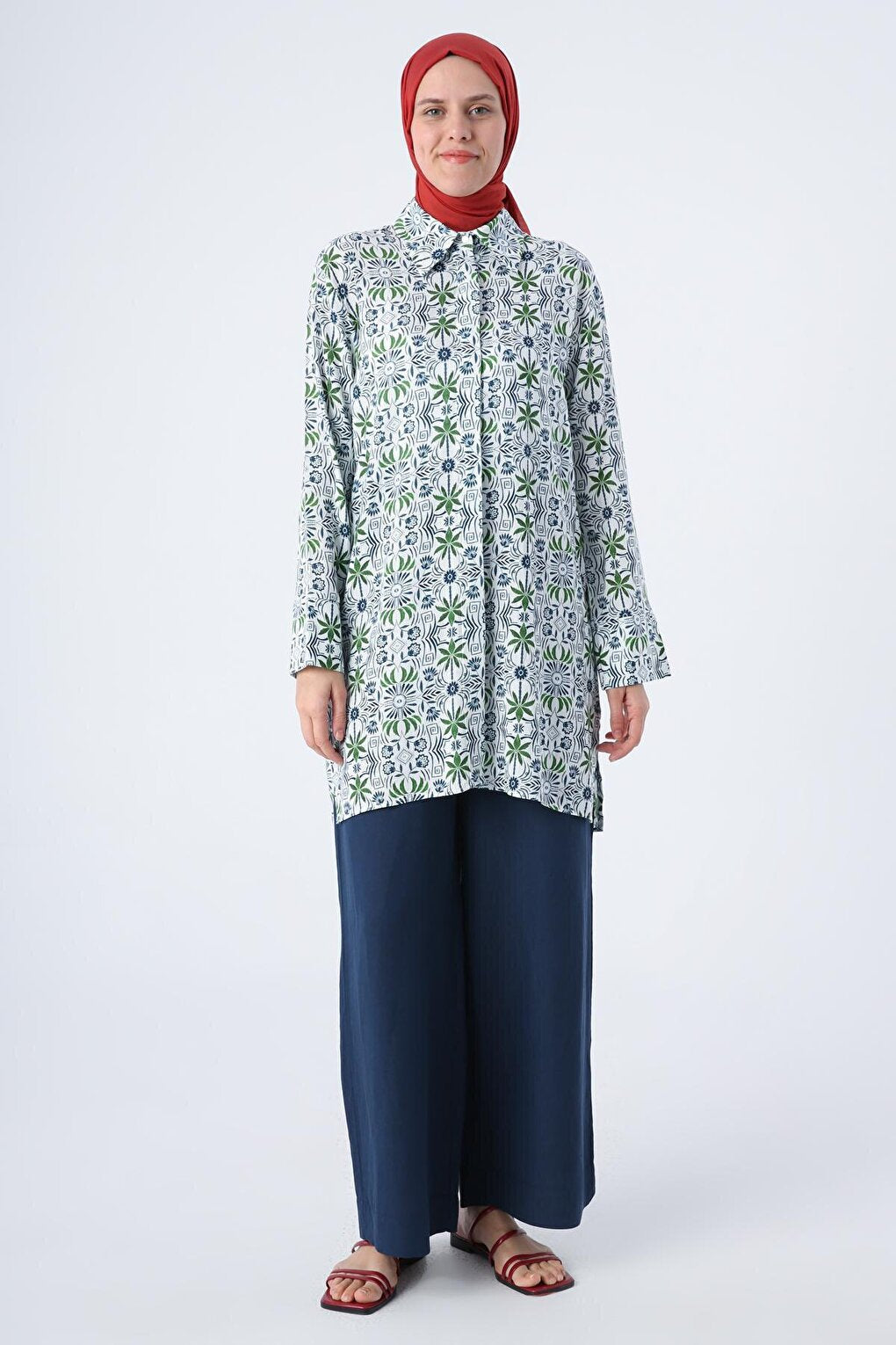 White-Indigo Patterned Viscose Linen Shirt Tunic with Hidden Placket Slit