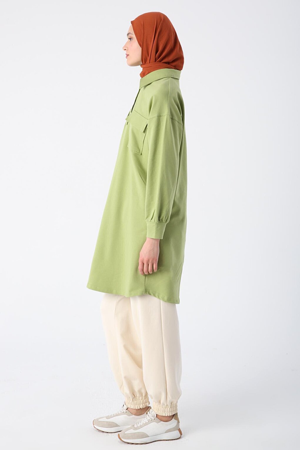 Light Green Cotton Flap Pocket Half Patchwork Tunic with Glitter Stitching Detail