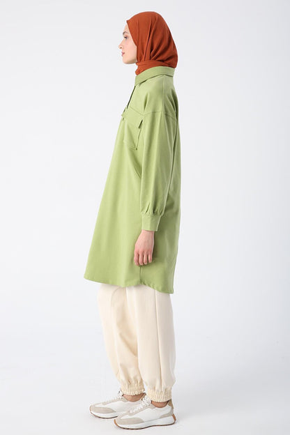 Light Green Cotton Flap Pocket Half Patchwork Tunic with Glitter Stitching Detail