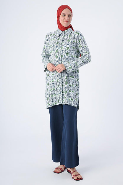 White-Indigo Patterned Viscose Linen Shirt Tunic with Hidden Placket Slit