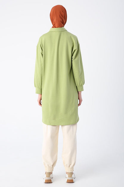 Light Green Cotton Flap Pocket Half Patchwork Tunic with Glitter Stitching Detail