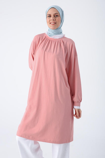 Powder Cotton Woven Garnished Gathering Detailed High Collar Combed Cotton Tunic