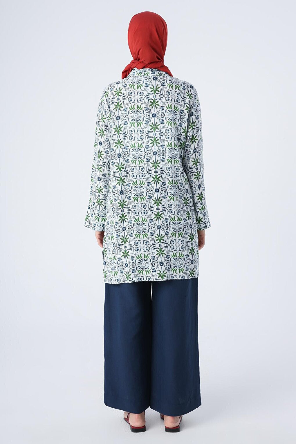 White-Indigo Patterned Viscose Linen Shirt Tunic with Hidden Placket Slit