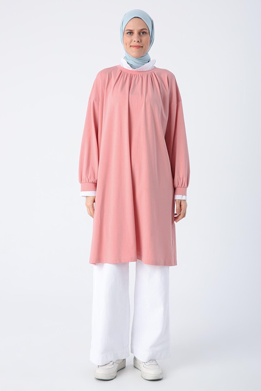 Powder Cotton Woven Garnished Gathering Detailed High Collar Combed Cotton Tunic