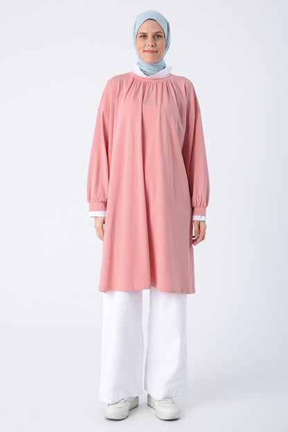 Powder Cotton Woven Garnished Gathering Detailed High Collar Combed Cotton Tunic