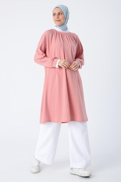 Powder Cotton Woven Garnished Gathering Detailed High Collar Combed Cotton Tunic