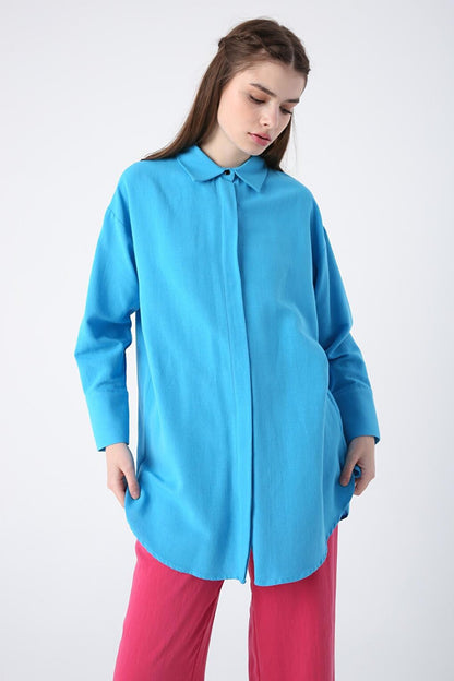 Turquoise Hidden Placket Viscose Linen Shirt Tunic