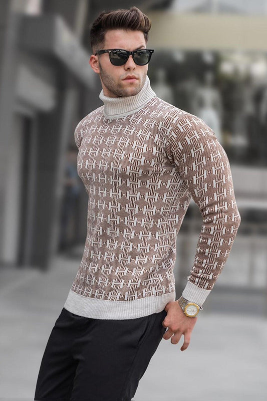 Stone Color Patterned Turtleneck Knitwear Sweater 5768