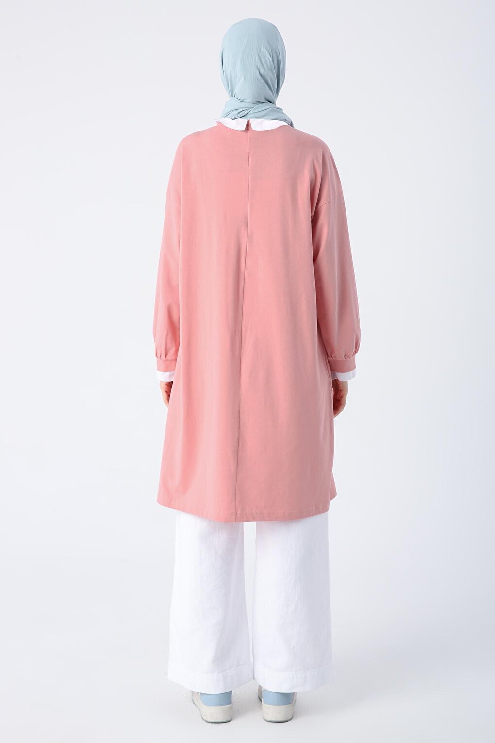 Powder Cotton Woven Garnished Gathering Detailed High Collar Combed Cotton Tunic