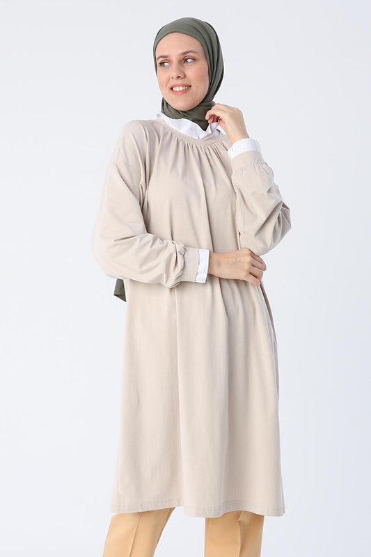 Stone Cotton Woven Garnished Gathering Detailed High Collar Combed Cotton Tunic