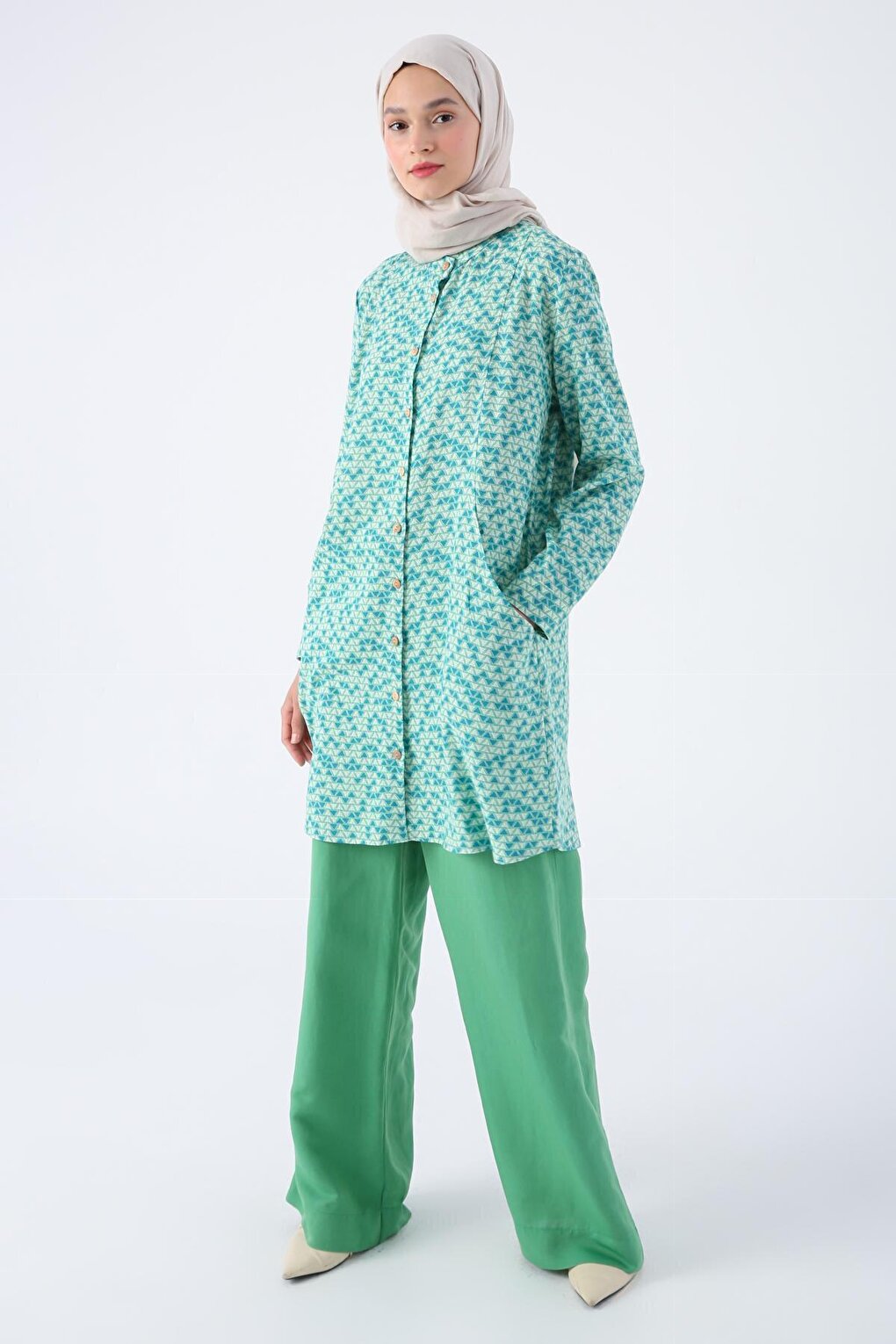 Green-Blue Collar Collar Pocket Detailed Patterned Viscose Linen Shirt Tunic