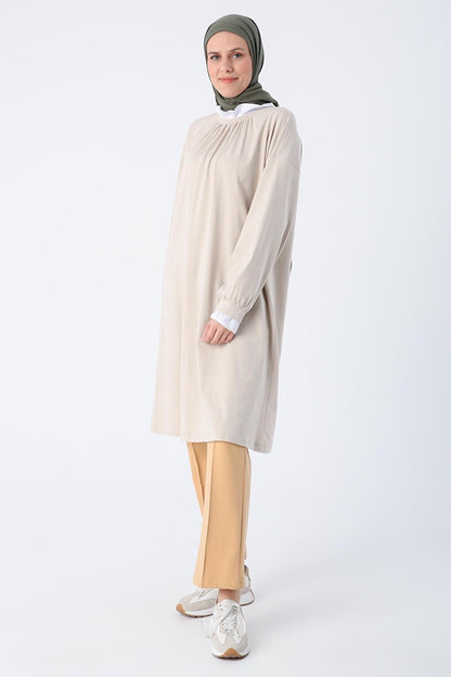 Stone Cotton Woven Garnished Gathering Detailed High Collar Combed Cotton Tunic