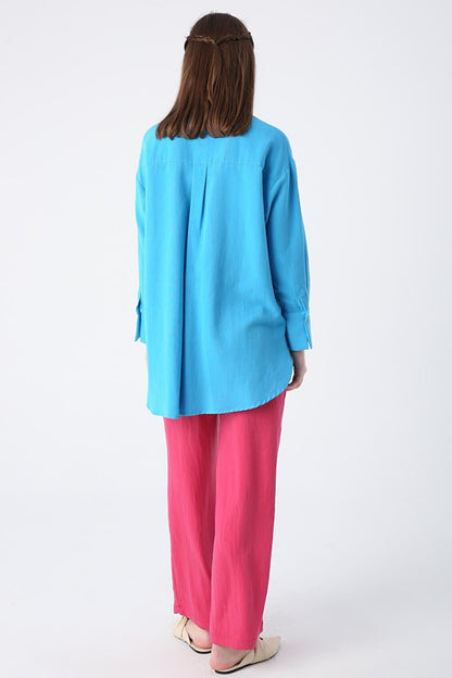 Turquoise Hidden Placket Viscose Linen Shirt Tunic