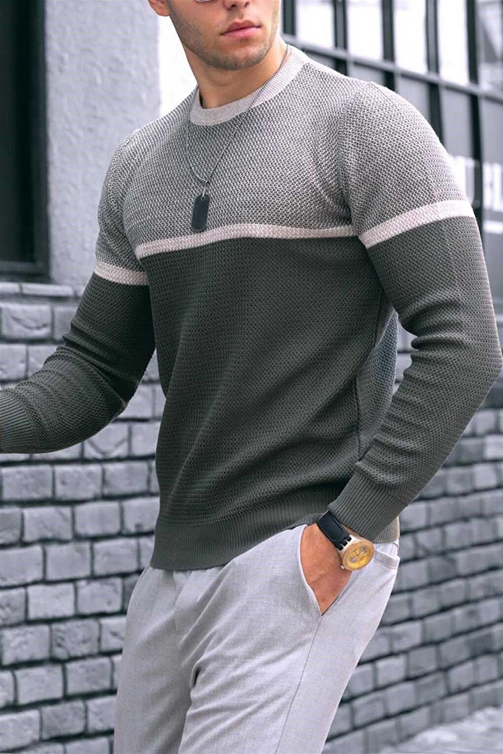 Khaki Color Block Men's Sweater 4734