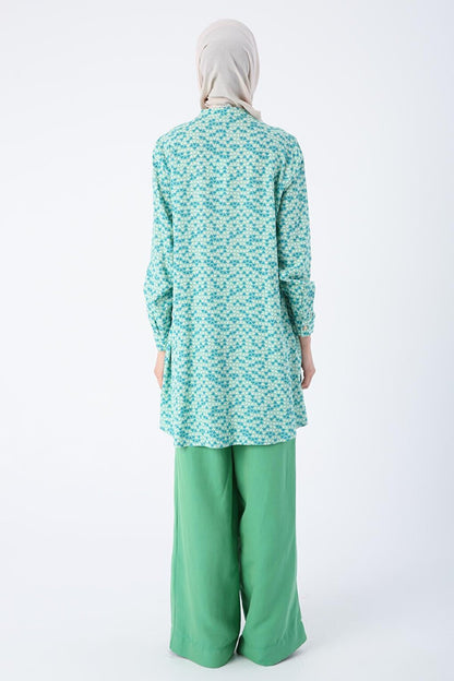 Green-Blue Collar Collar Pocket Detailed Patterned Viscose Linen Shirt Tunic