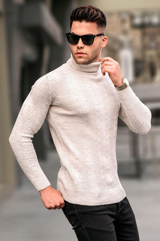 Stone Color Patterned Turtleneck Knitwear Sweater 5769