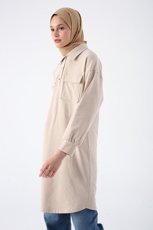 Beige Cotton Flap Pocket Half Patchwork Tunic with Glitter Stitching Detail