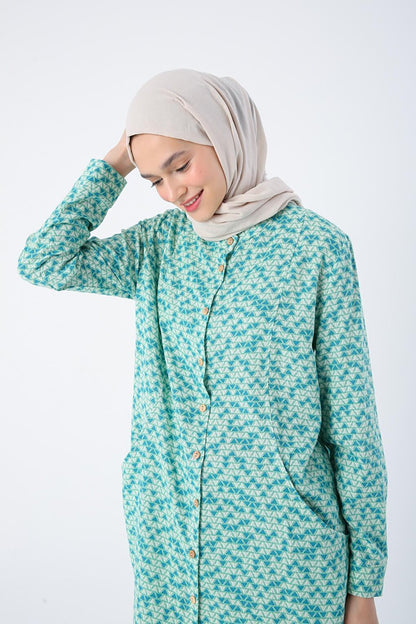 Green-Blue Collar Collar Pocket Detailed Patterned Viscose Linen Shirt Tunic