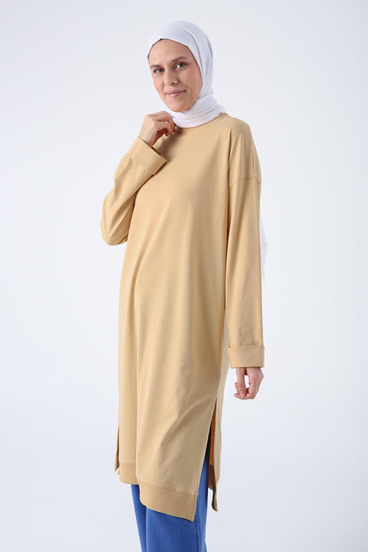 Yellow Crew Neck Combed Cotton Tunic with Folded Slit at Sleeve End