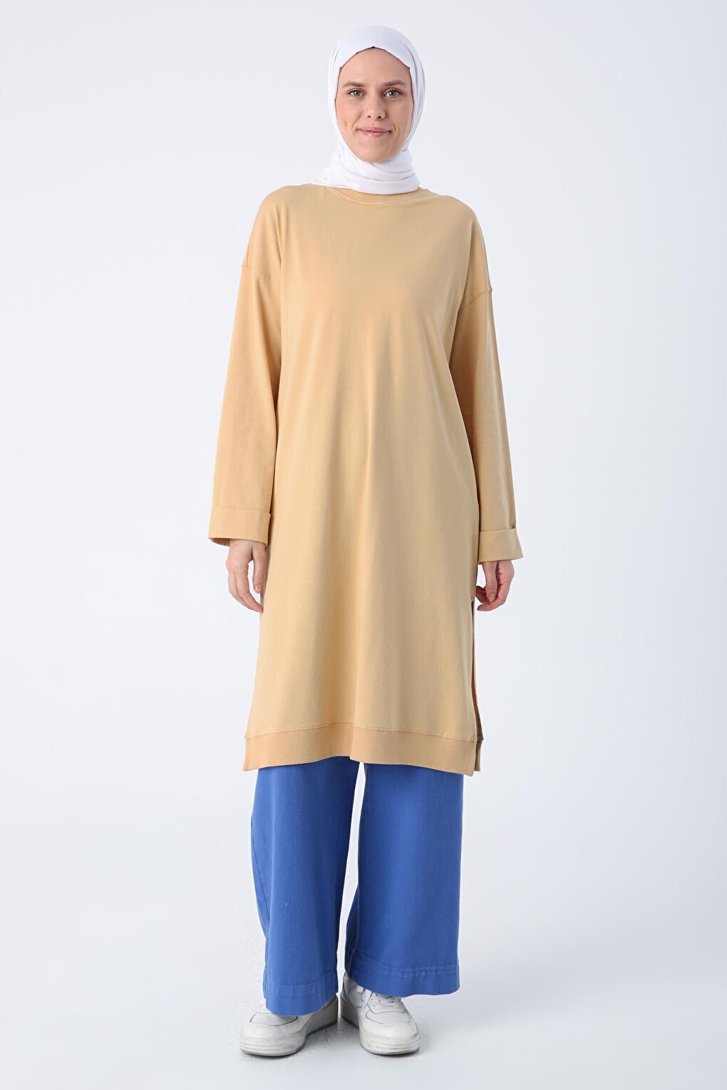 Yellow Crew Neck Combed Cotton Tunic with Folded Slit at Sleeve End