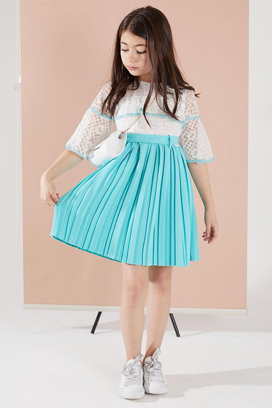 Turquoise Lace Pleated Girl's Bag and Belt Dress 15071