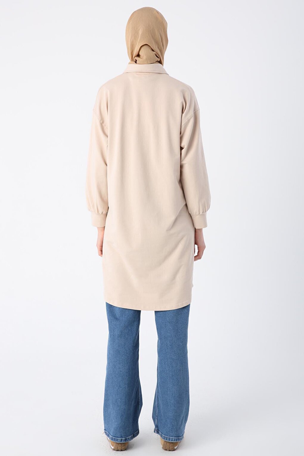 Beige Cotton Flap Pocket Half Patchwork Tunic with Glitter Stitching Detail