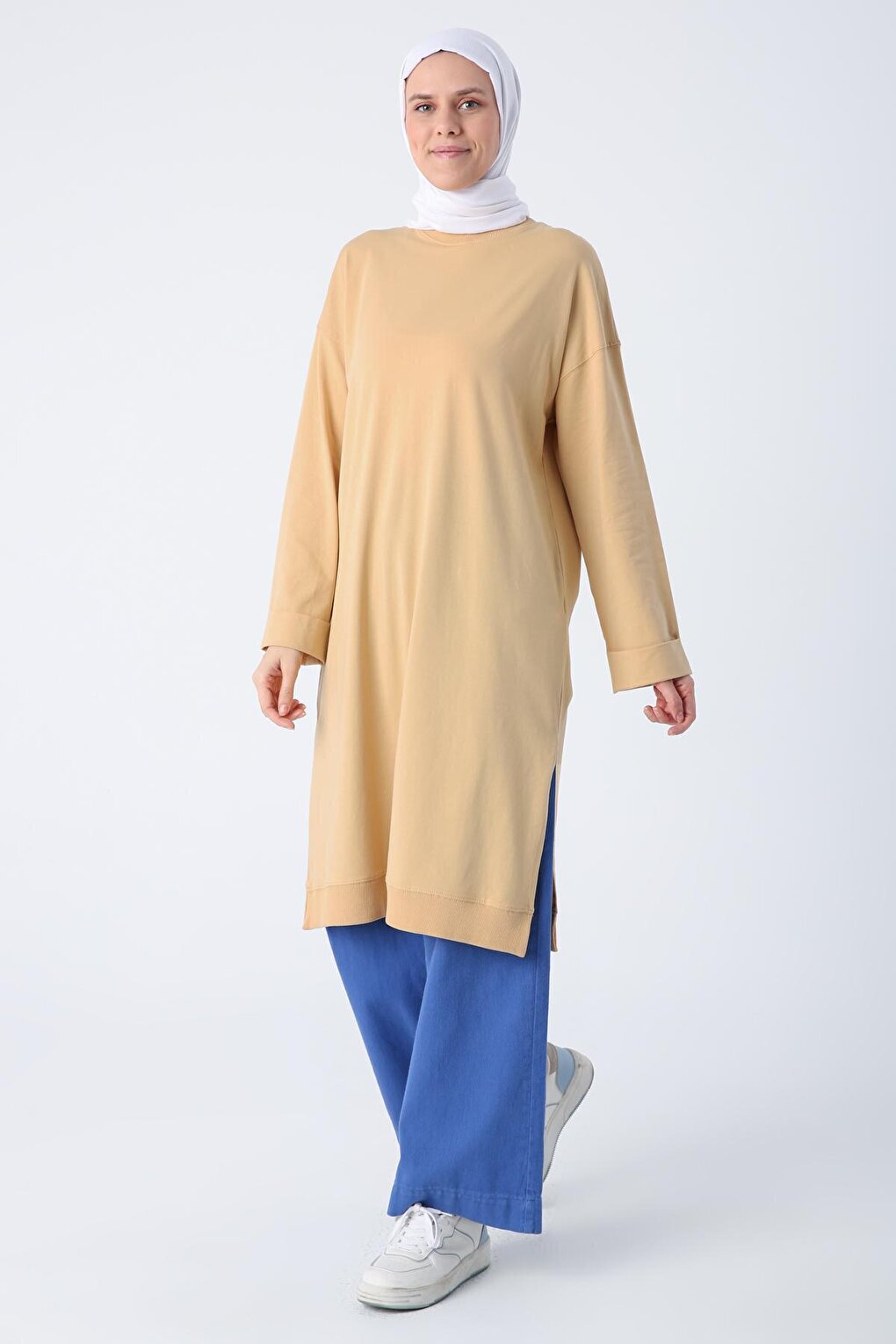 Yellow Crew Neck Combed Cotton Tunic with Folded Slit at Sleeve End