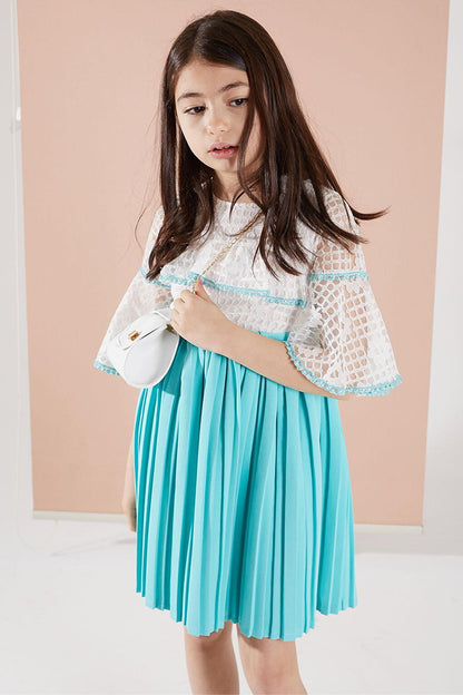 Turquoise Lace Pleated Girl's Bag and Belt Dress 15071