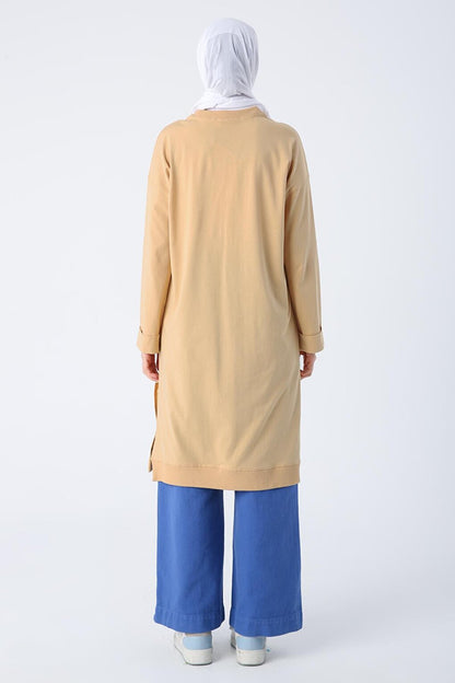 Yellow Crew Neck Combed Cotton Tunic with Folded Slit at Sleeve End