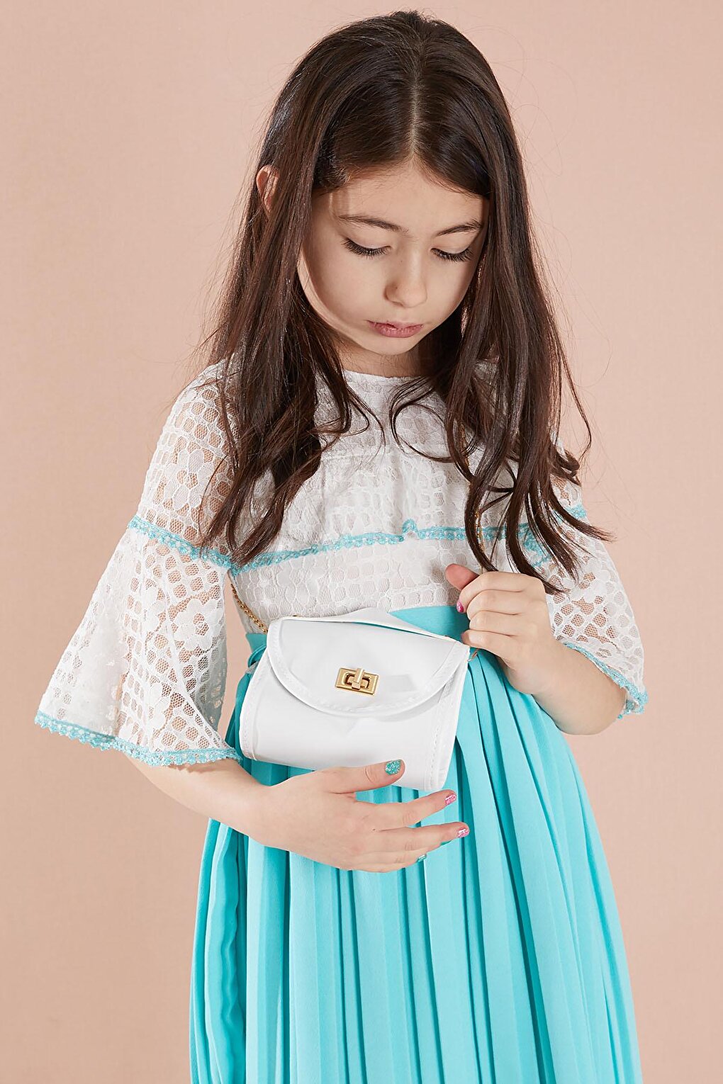 Turquoise Lace Pleated Girl's Bag and Belt Dress 15071